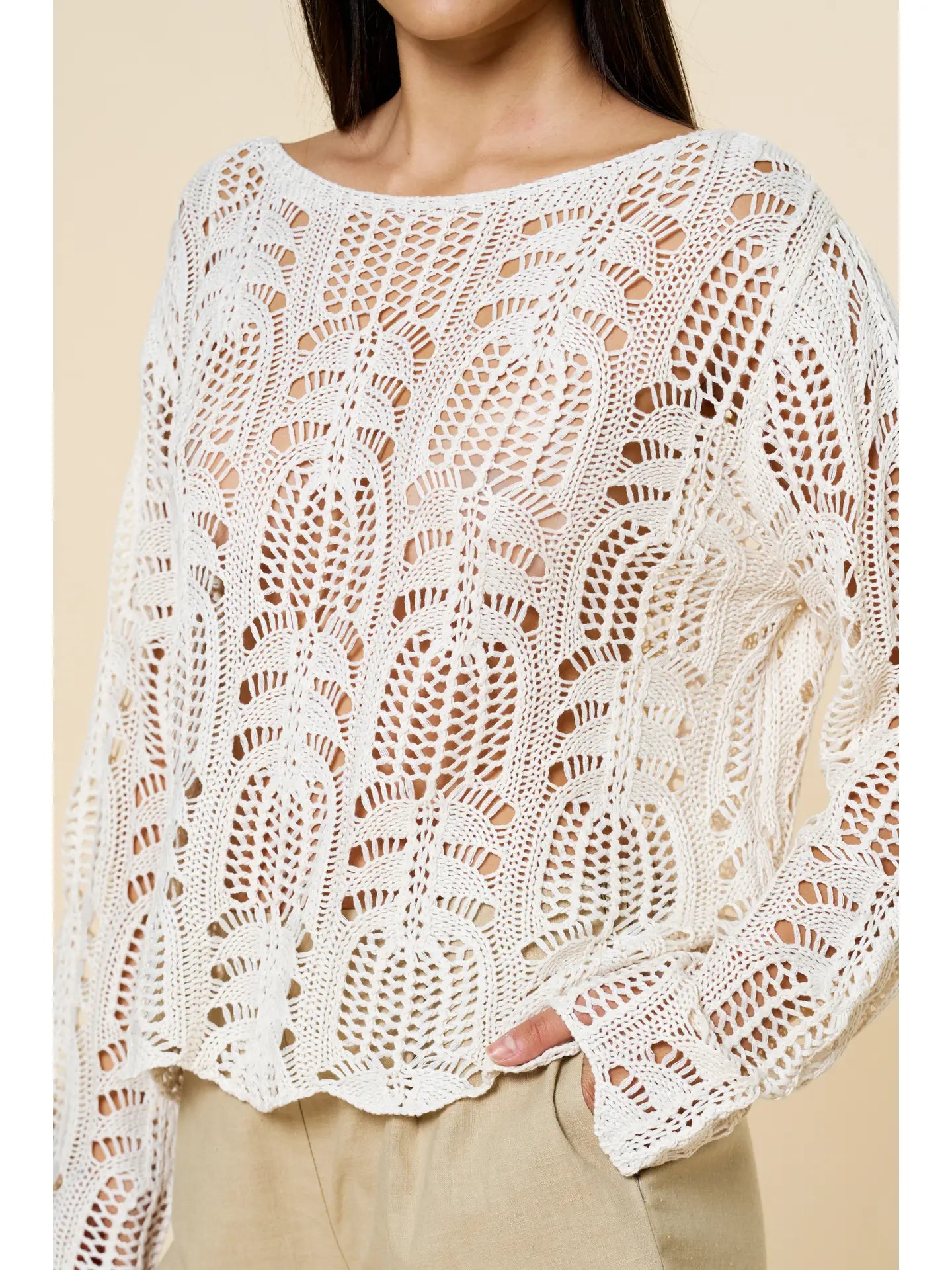 Morgan Crochet Boatneck Long Sleeve Top
