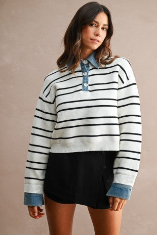 Rue Striped Contrast Denim Collar Sweater Top