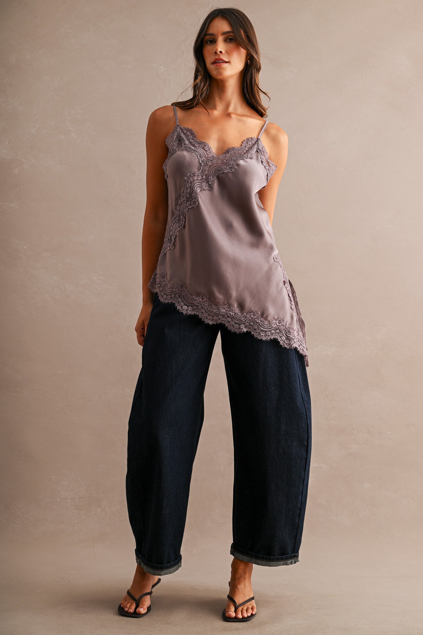Imogen Asymmetric Satin Cami Top With Lace Trim
