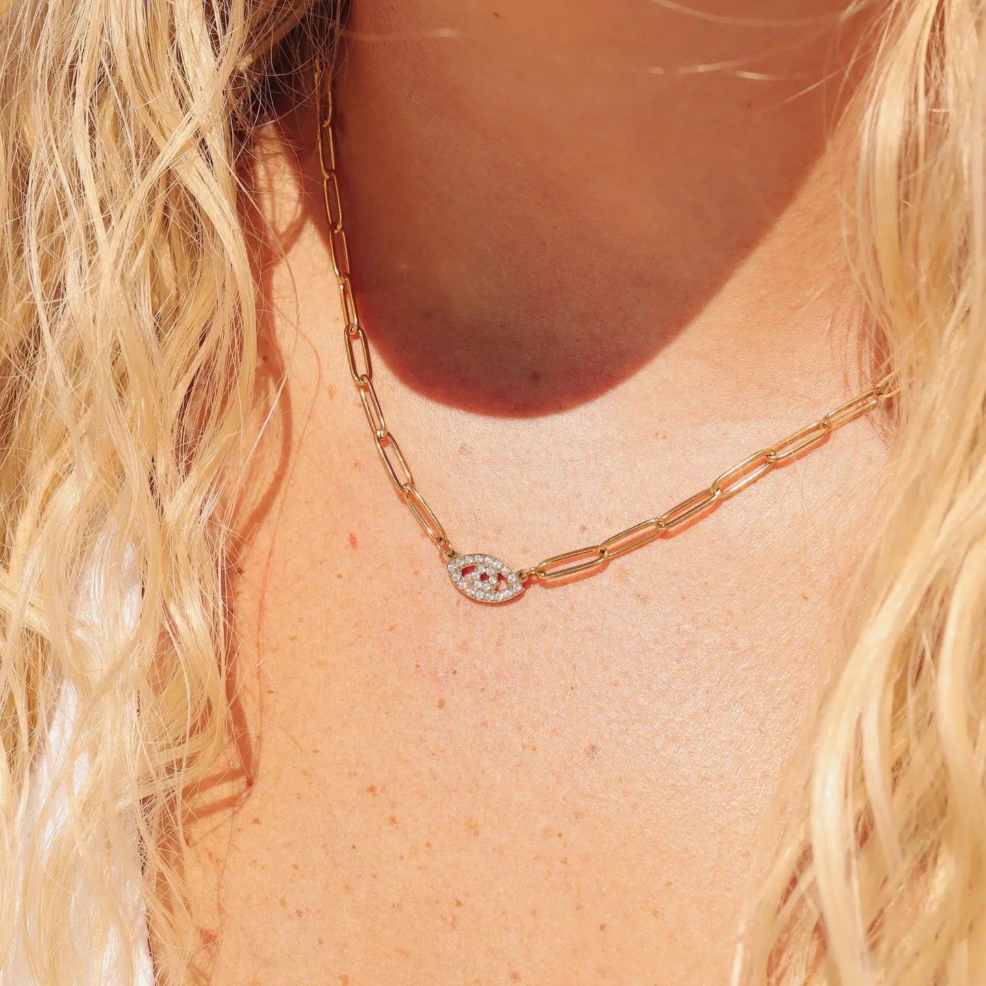 Stone "Evil Eye" Paperclip Chain Necklace