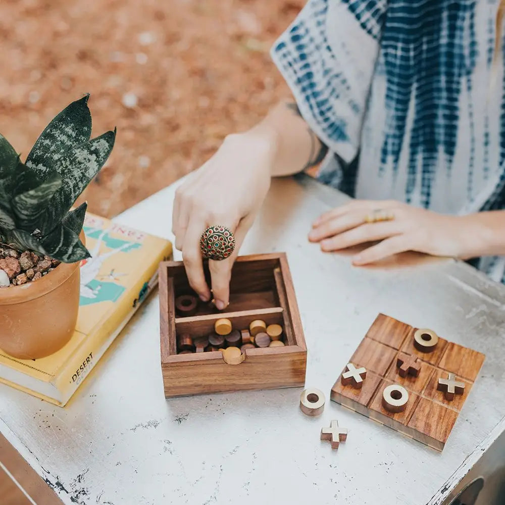 Handcrafted Wood Checkers and Tic Tac Toe Game Set