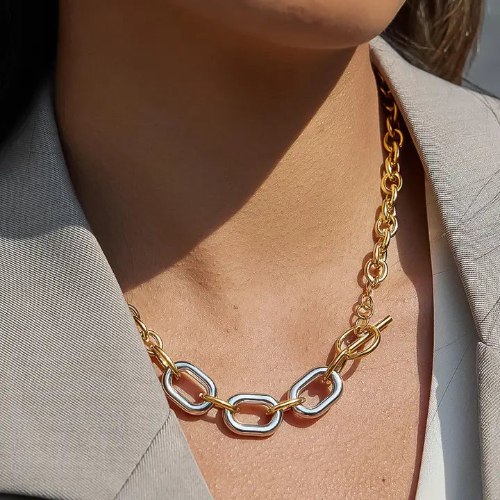 18K Gold Non-Tarnish Two Tone Chain Necklace
