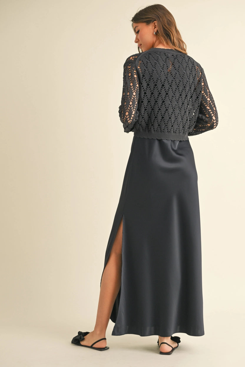 Jo 2 Piece Satin Slip Dress With Crochet Sweater