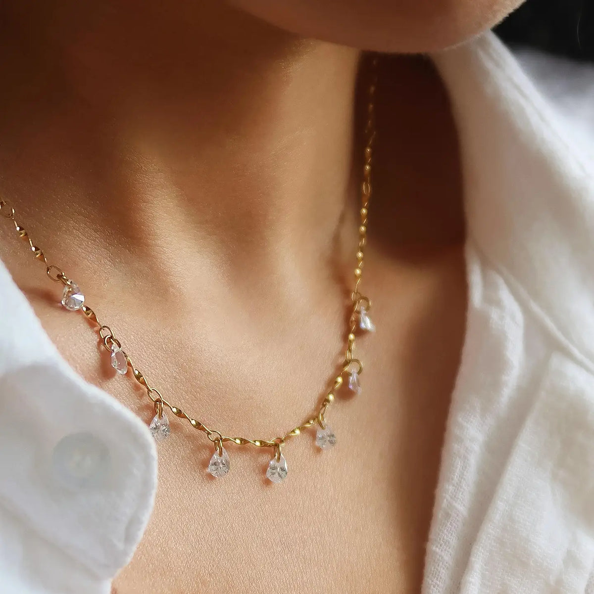 18K Gold Non-Tarnish Cz Teardrop Chain Necklace