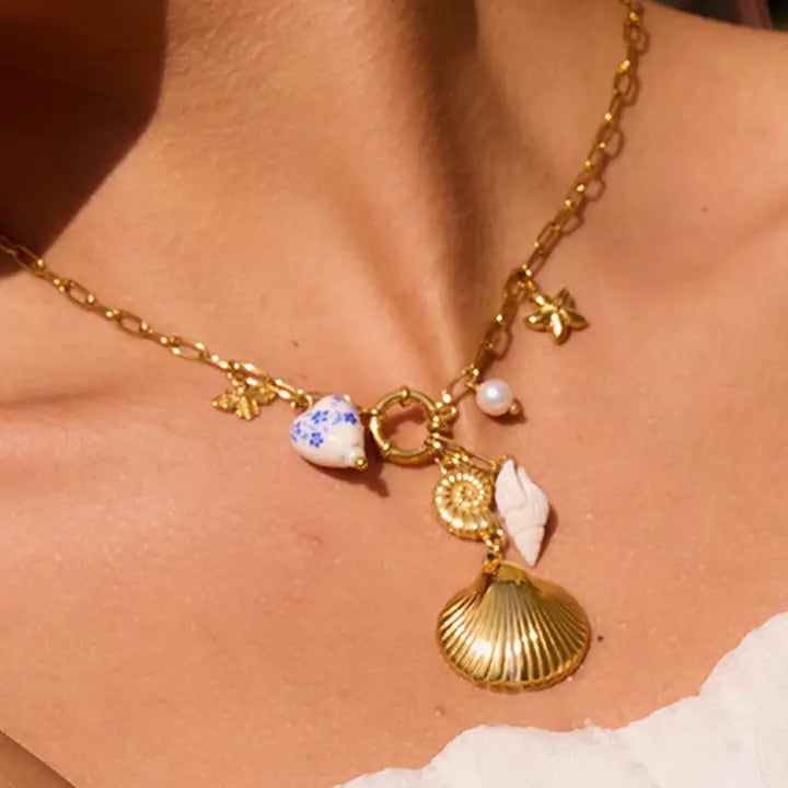 18K Gold Non-Tarnish Shell Ceramic Charm Necklace