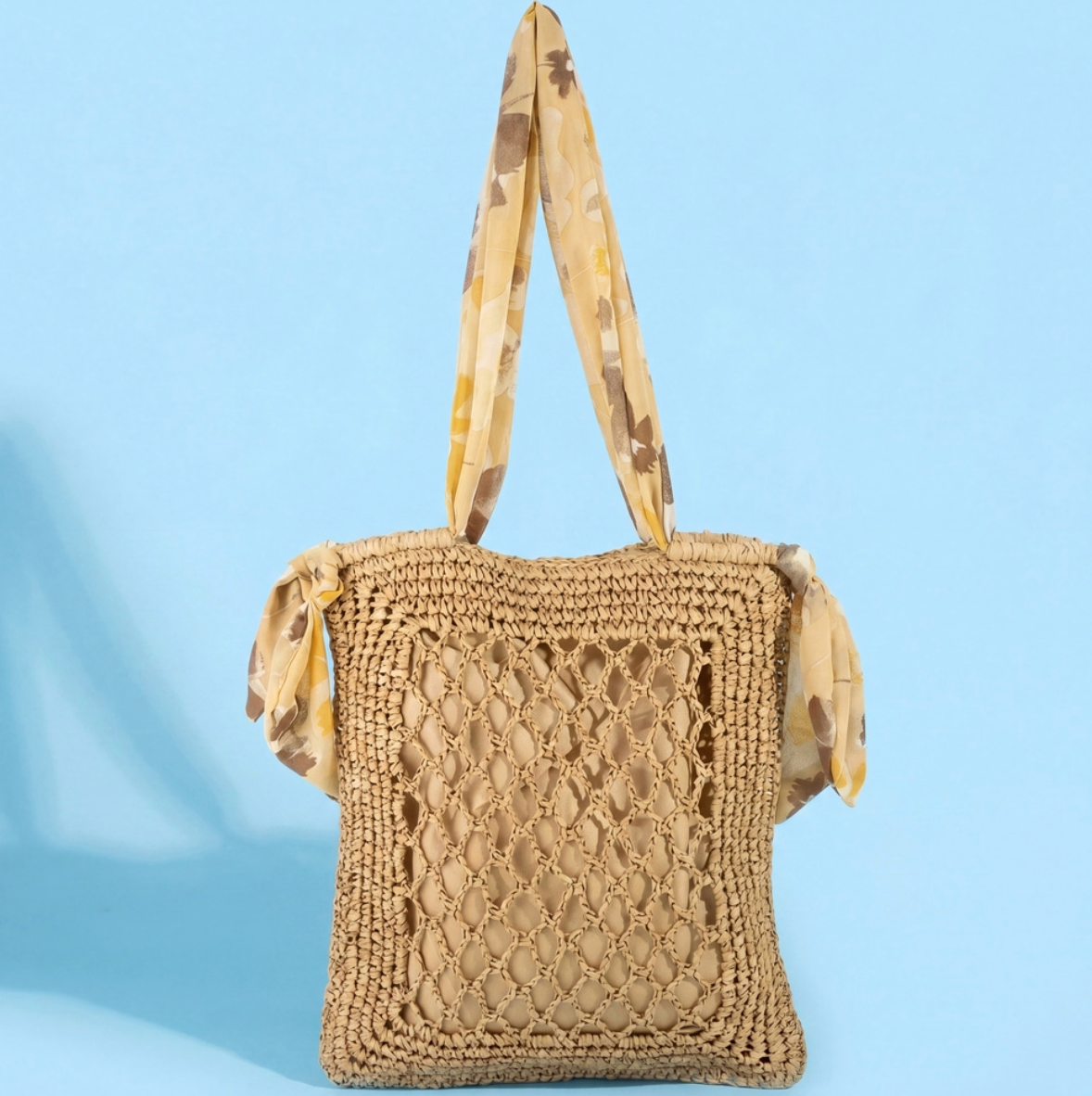 Tropical Bandana Strap Straw Braided Tote Bag