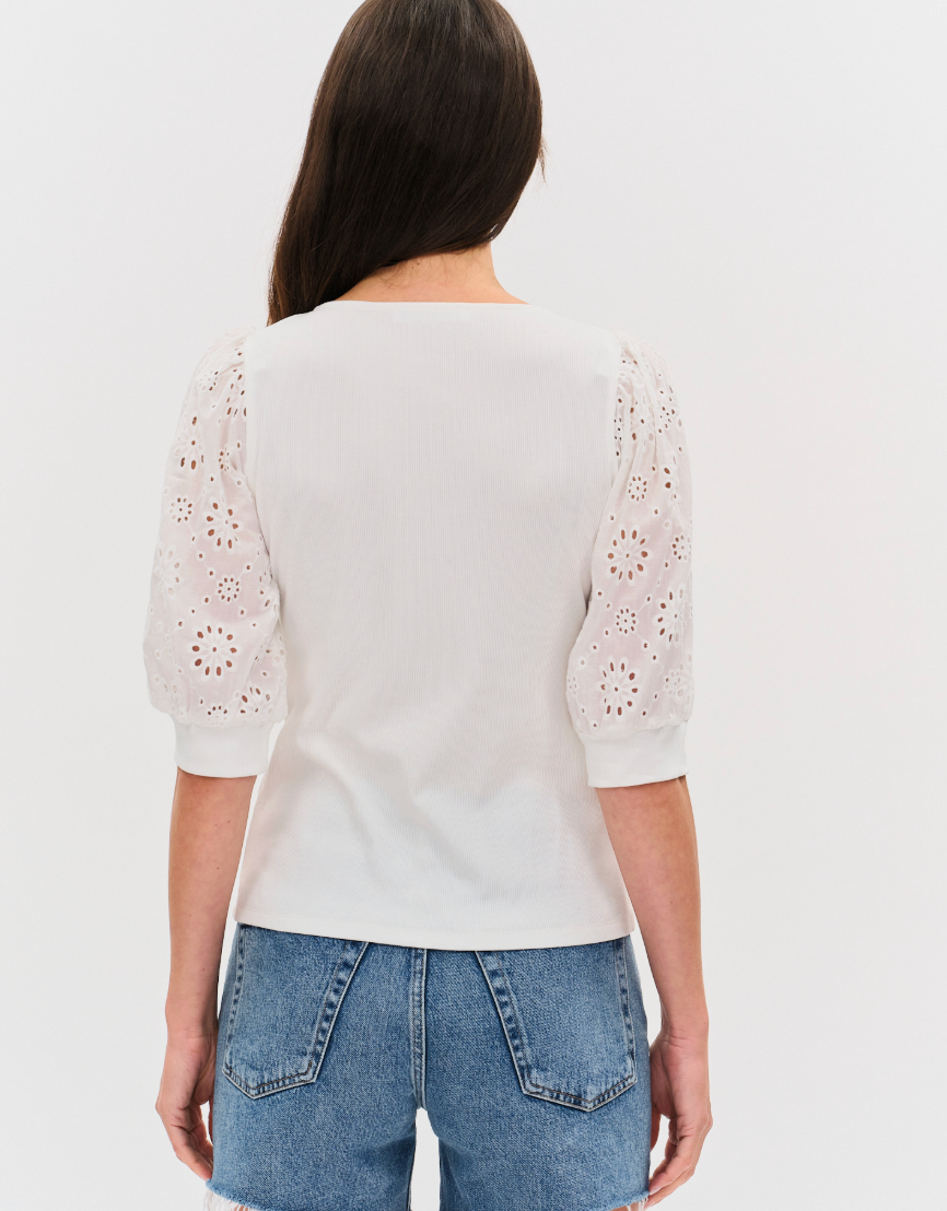 Esme Ribbed Eyelet Sleeved V-Neck Top