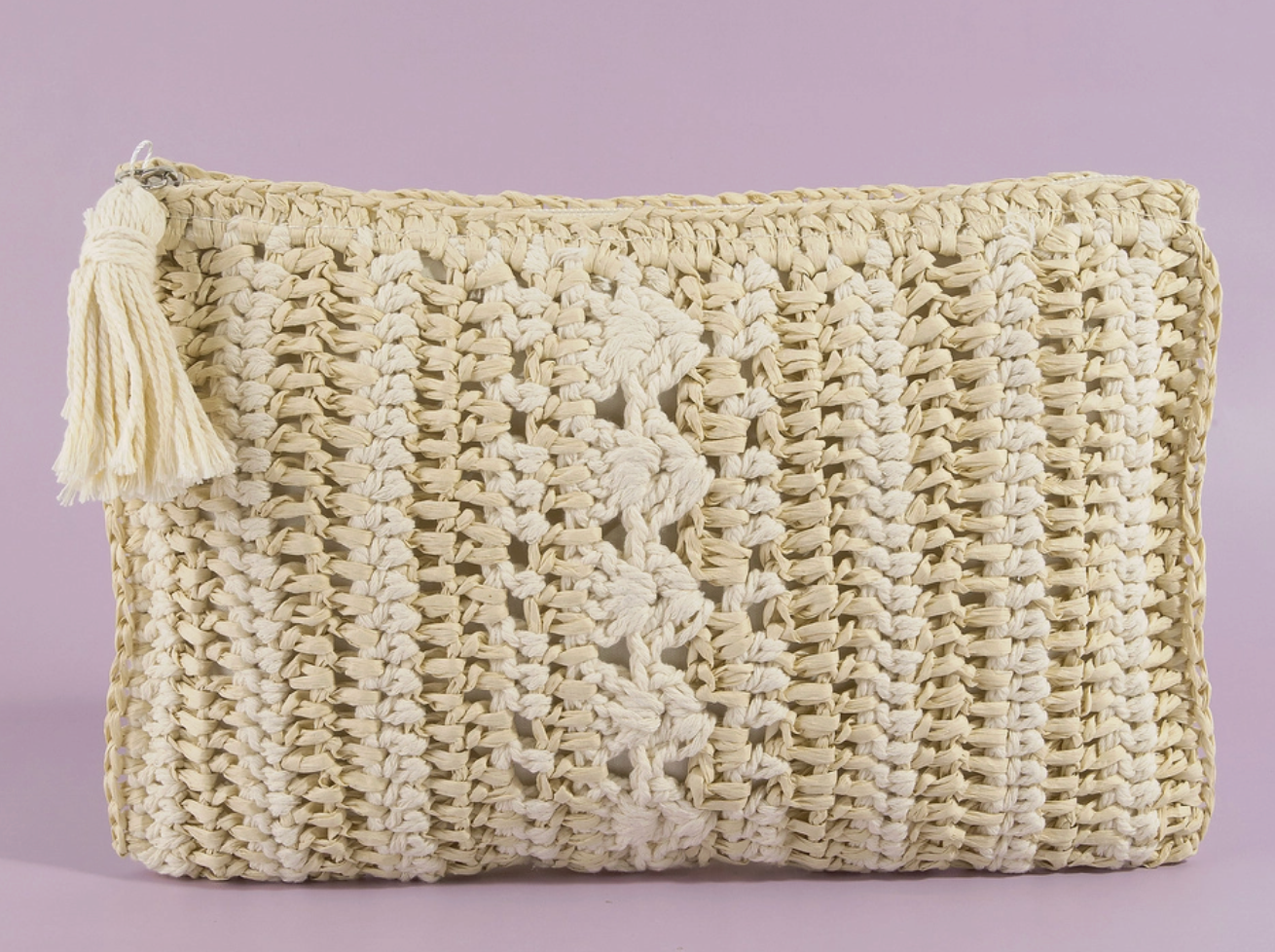 Paper Straw Crochet Clutch with Tassel Zipper