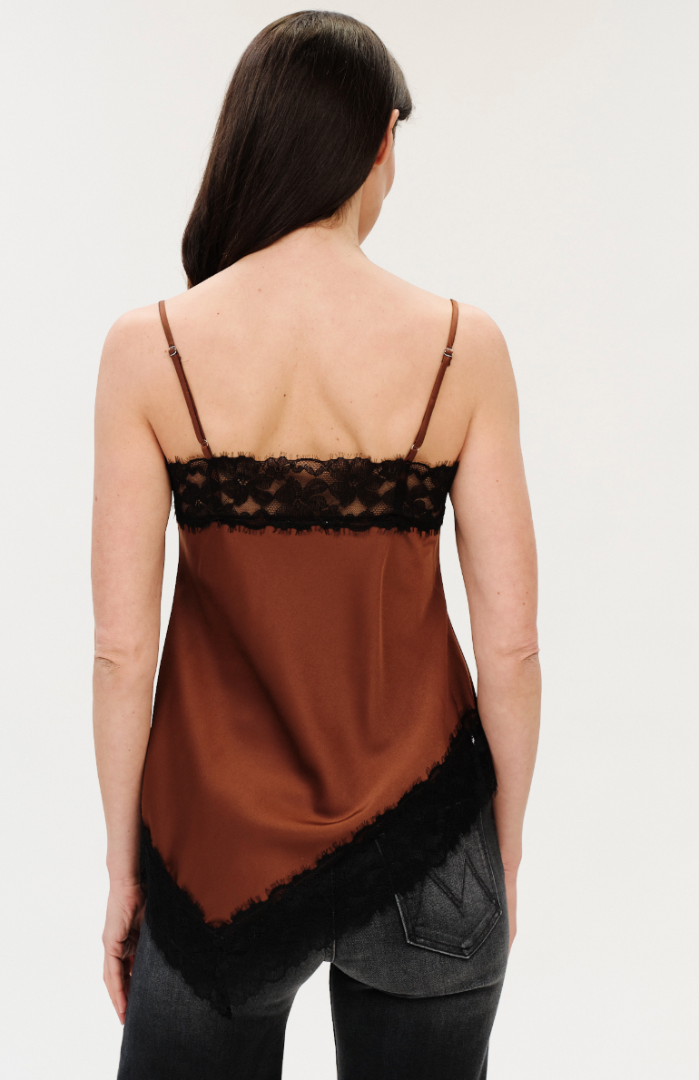 Viola Asymmentrical Lace Trim Satin Tank