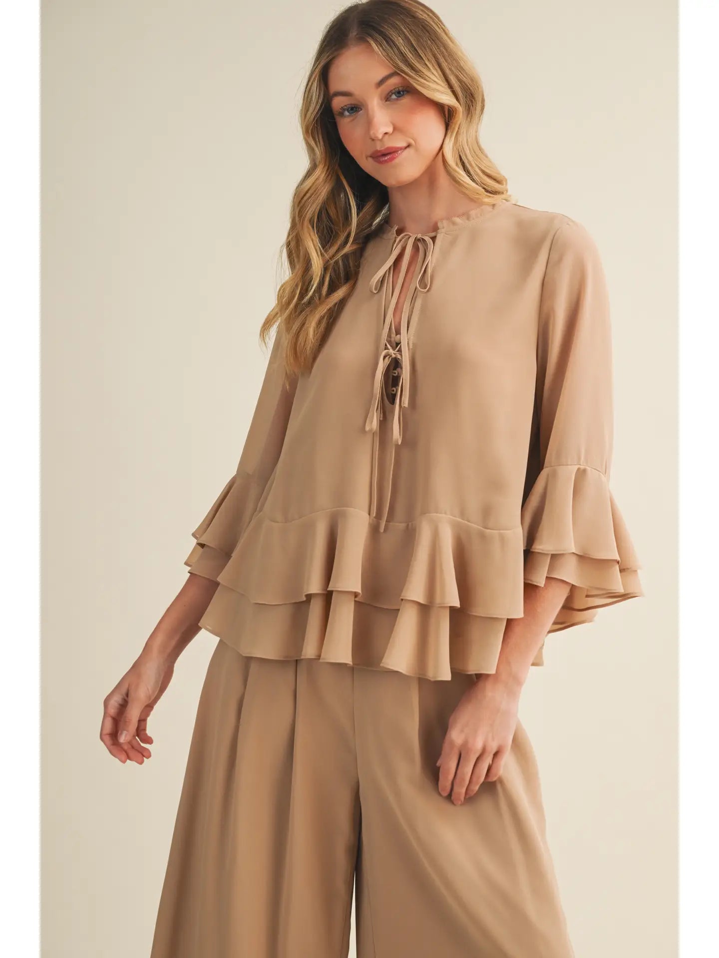 Carmen Lace-Up Ruffle Tiered Peplum Blouse