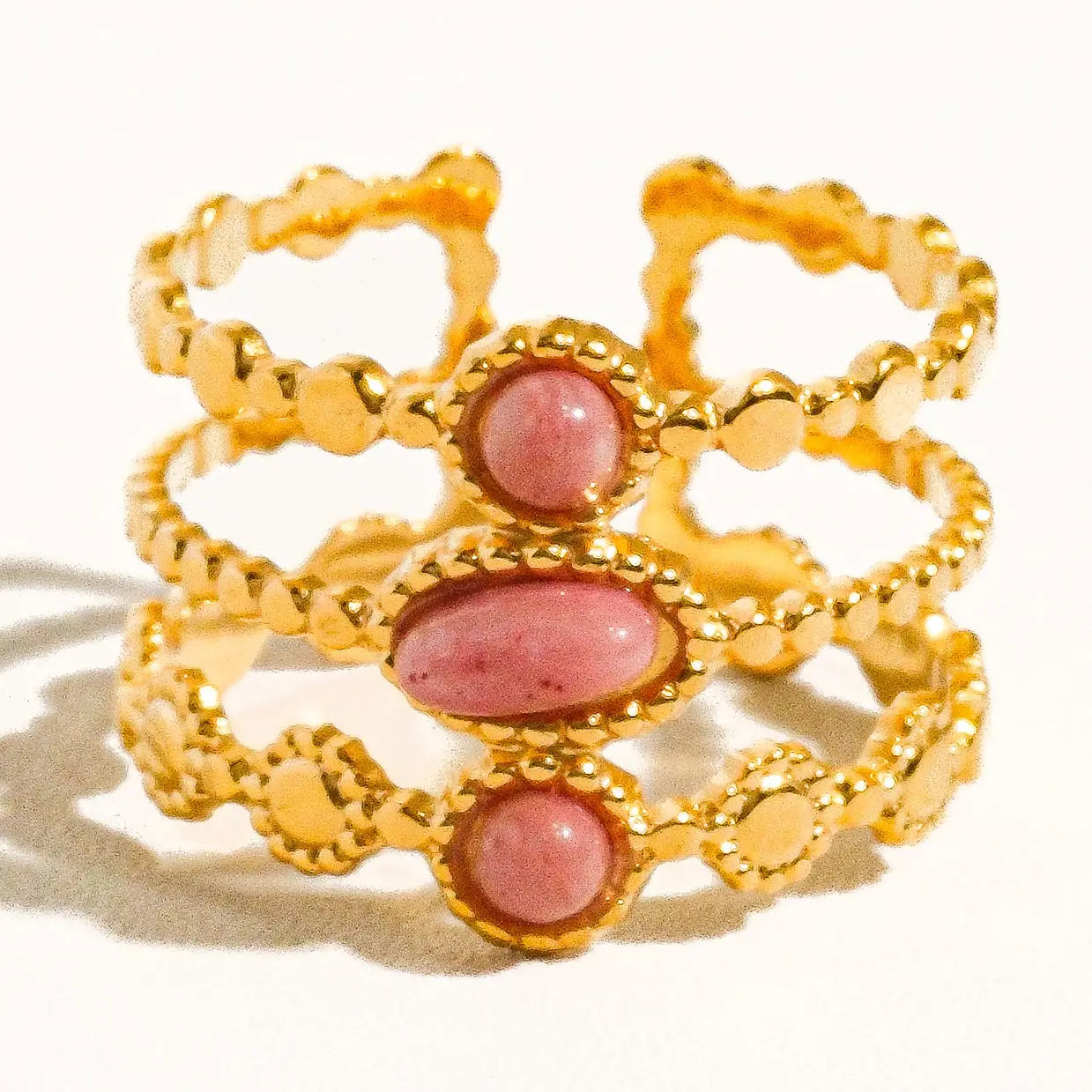 18K Gold Non-Tarnish Trilayer Adjustable Stone Ring