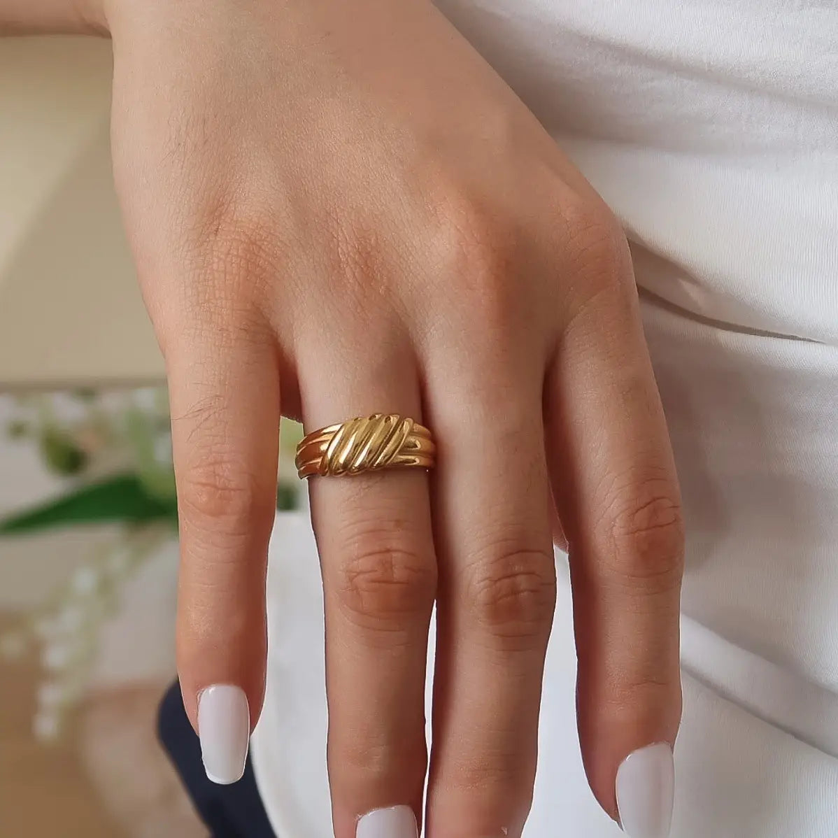 18K Gold Non-Tarnish Twisted Dome Ring