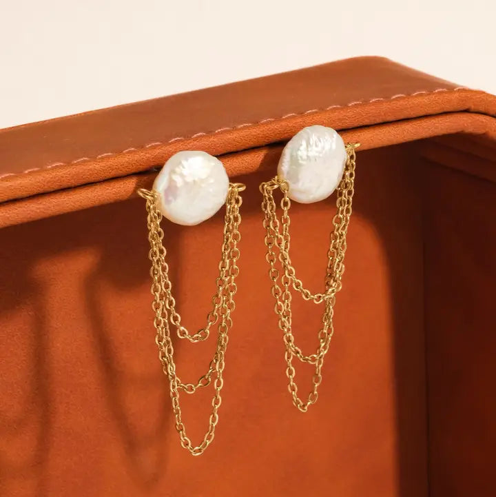 18K Gold Non-Tarnish Baroque Pearl Chain Earrings