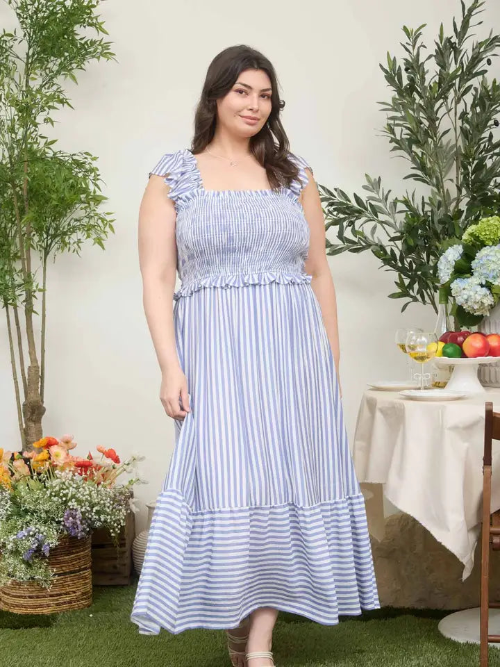 Libby Stripe Smocked Ruffle Trim Midi Dress- Plus