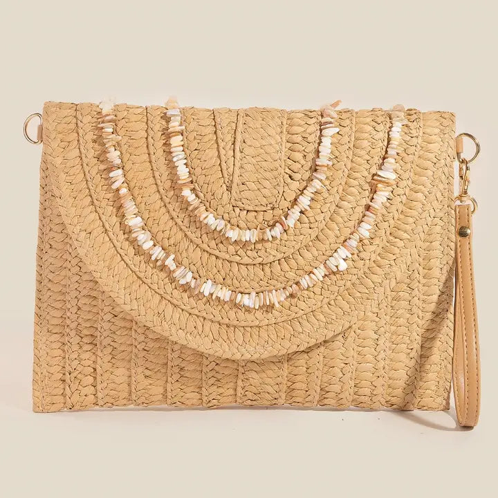 Shell Beaded Accent Paper Woven Envelope Clutch Bag
