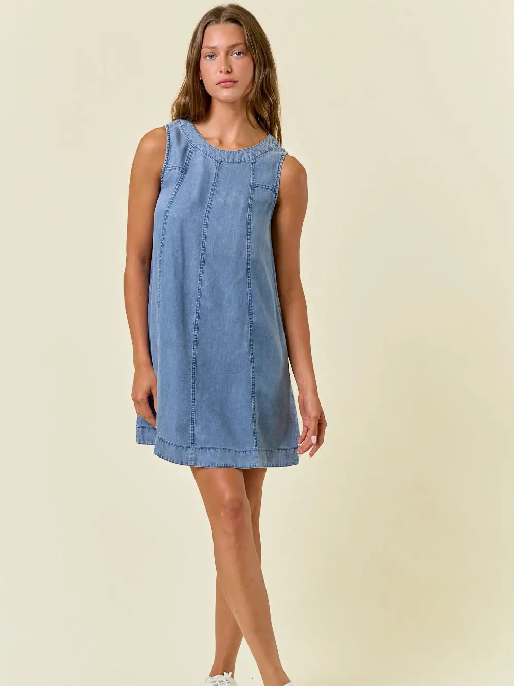 Erin Chambray Round Neckline Sleeveless A-Line Mini Dress