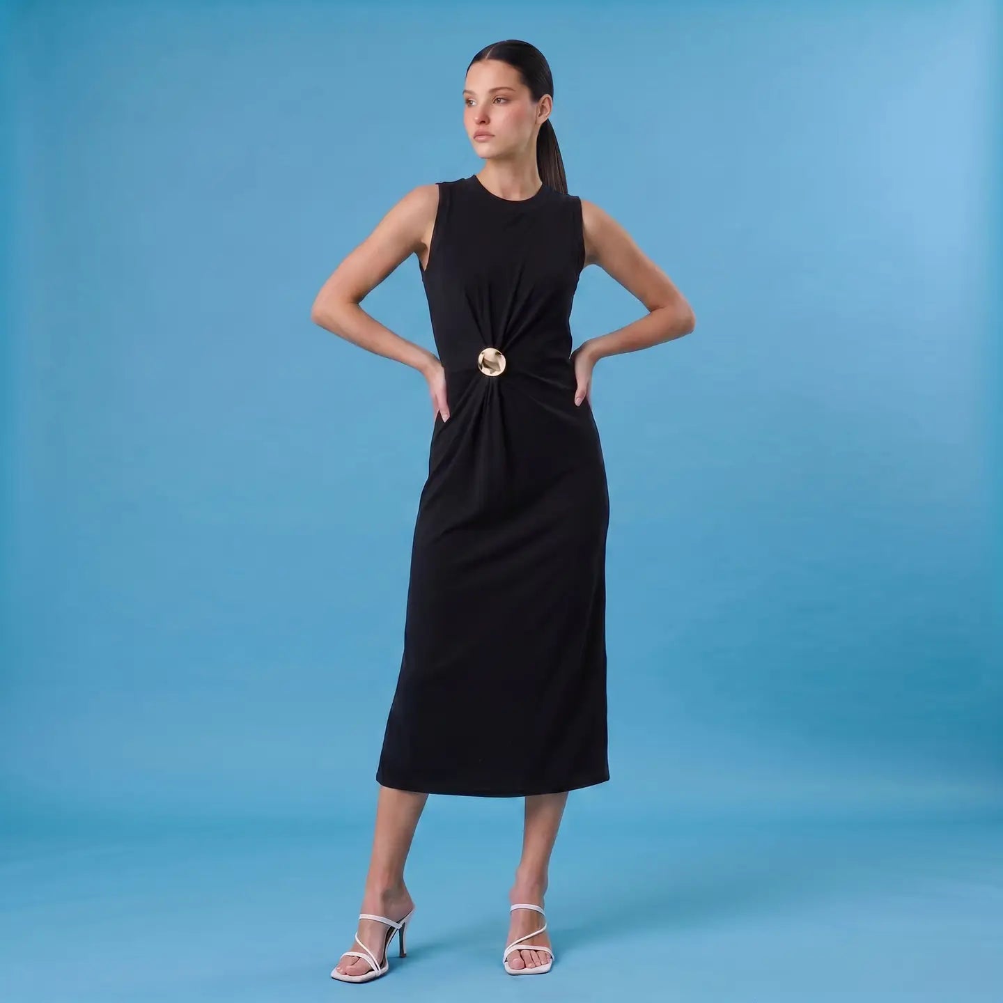 Val Gathered Midi Dress with Gold Brooch