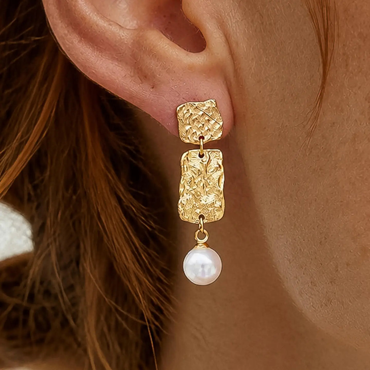 18K Gold Non-Tarnish Hammered Pearl Drop Earrings