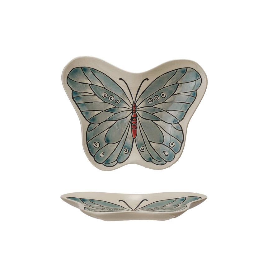 Hand Painted Butterfly Stoneware Dish