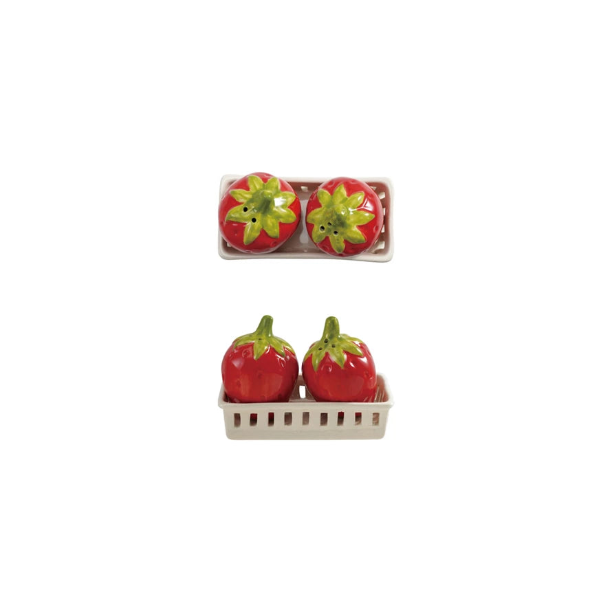 Strawberry Salt & Pepper Shakers with Berry Basket Shaped Holder