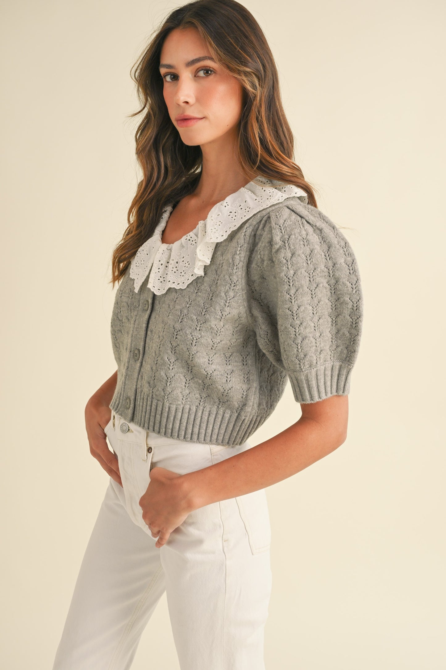 Lilith Crochet Collar Knit Short Sleeve Cardigan