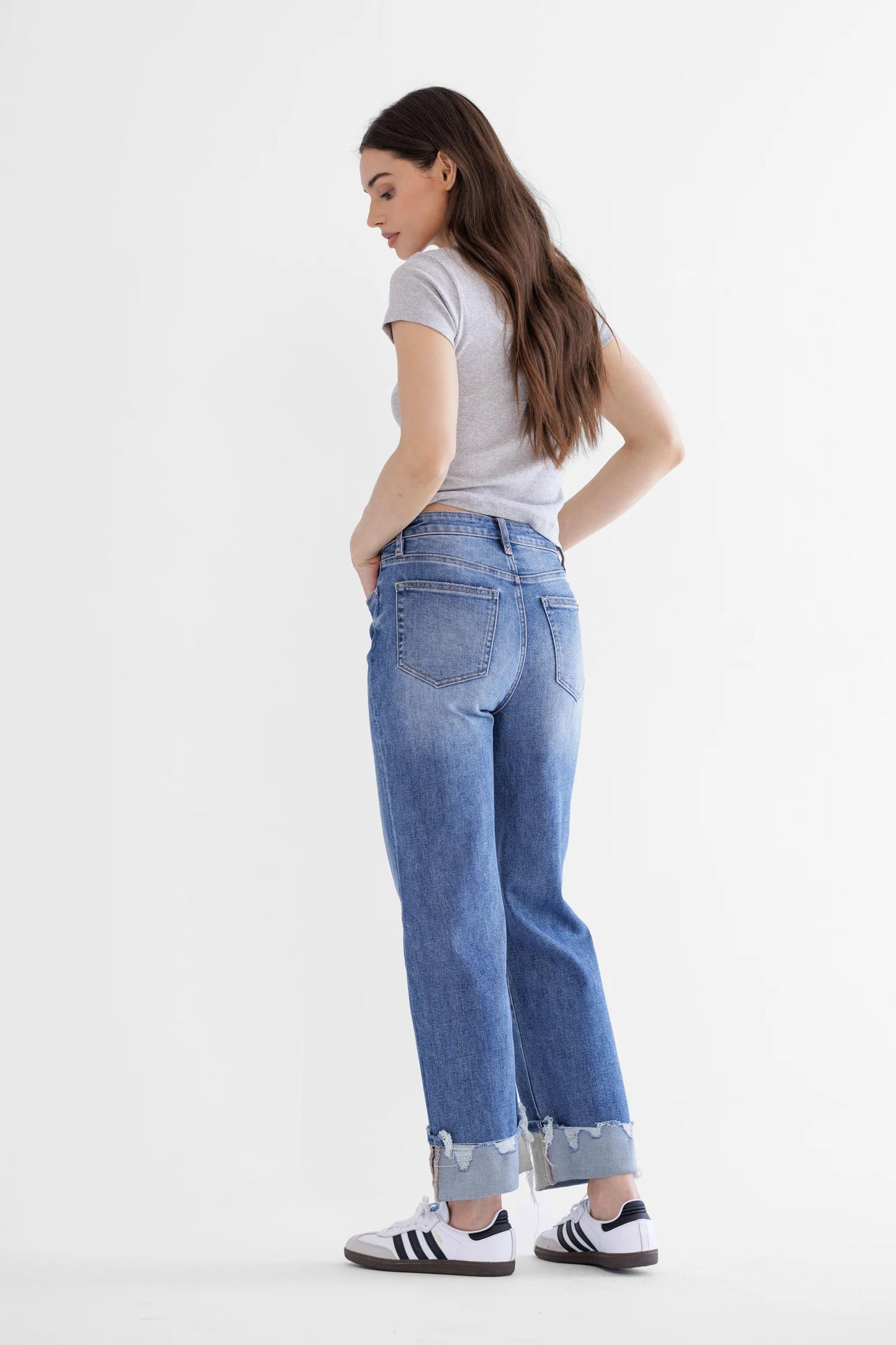Drew Super High Rise Relaxed Fit Straight Leg Cuffed Denim