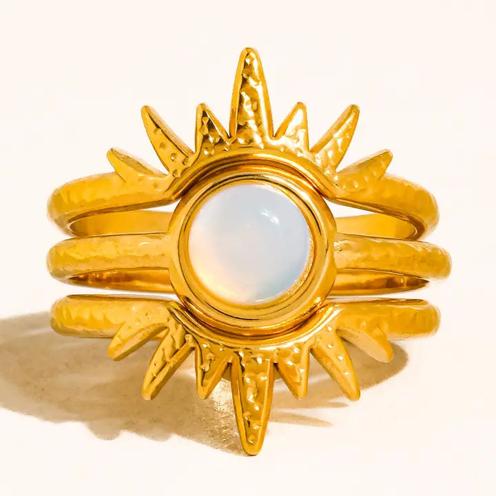18K Gold Non-Tarnish Sunburst Opal Stackable Ring