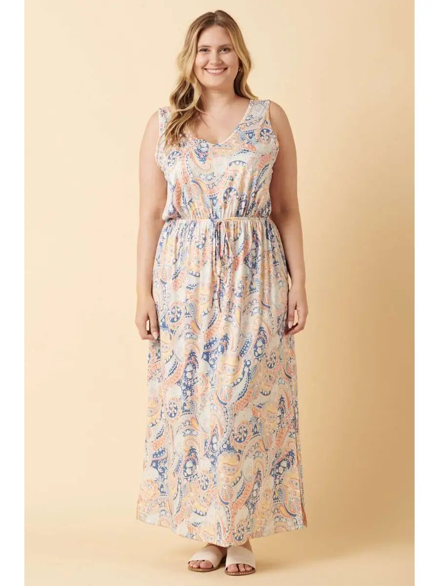 Lottie Paisley Print V Neck Maxi Dress- Plus
