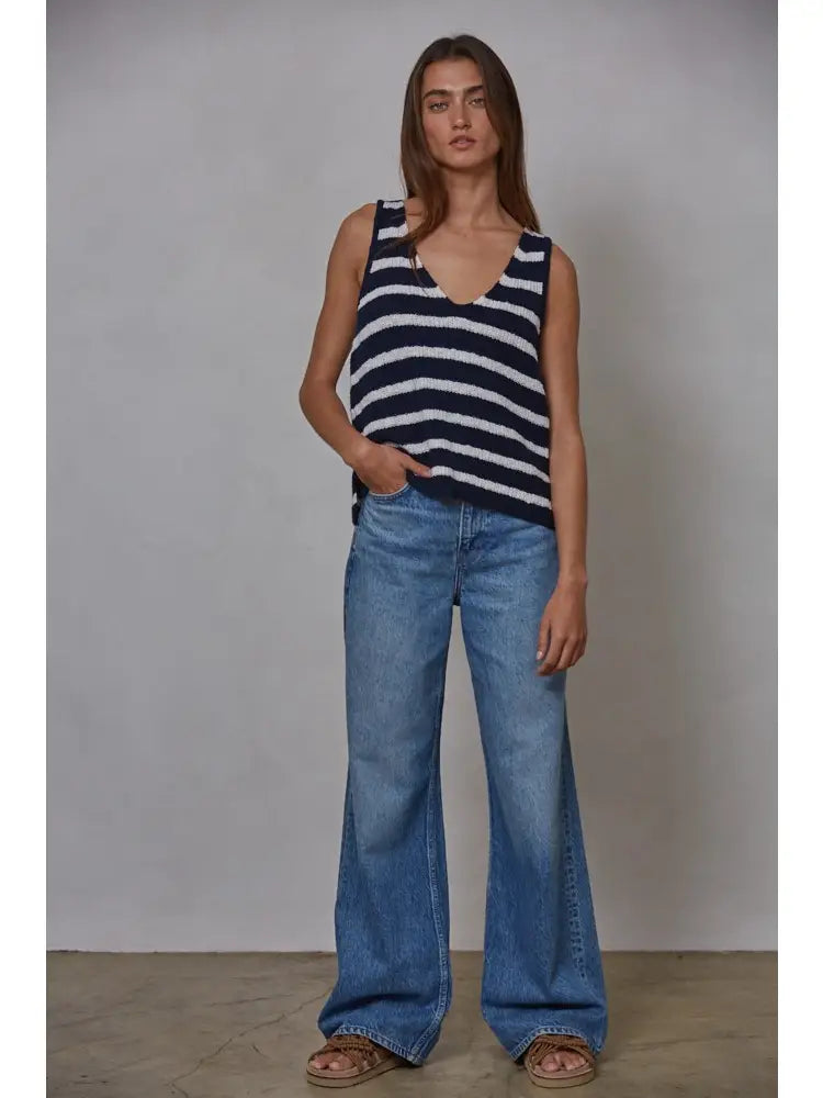 Bay Knit Cotton Striped V-Neck Sleeveless Top