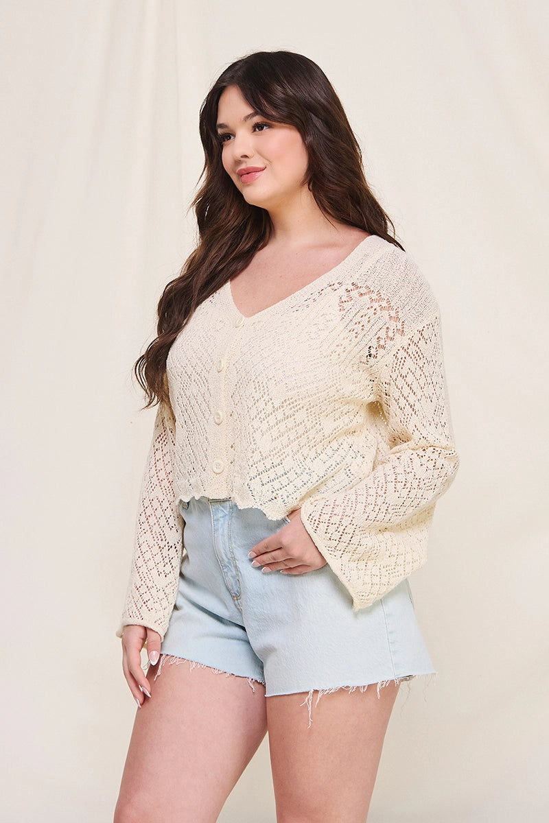 Avon Scallop Hem Crochet Knit Cardigan- Plus