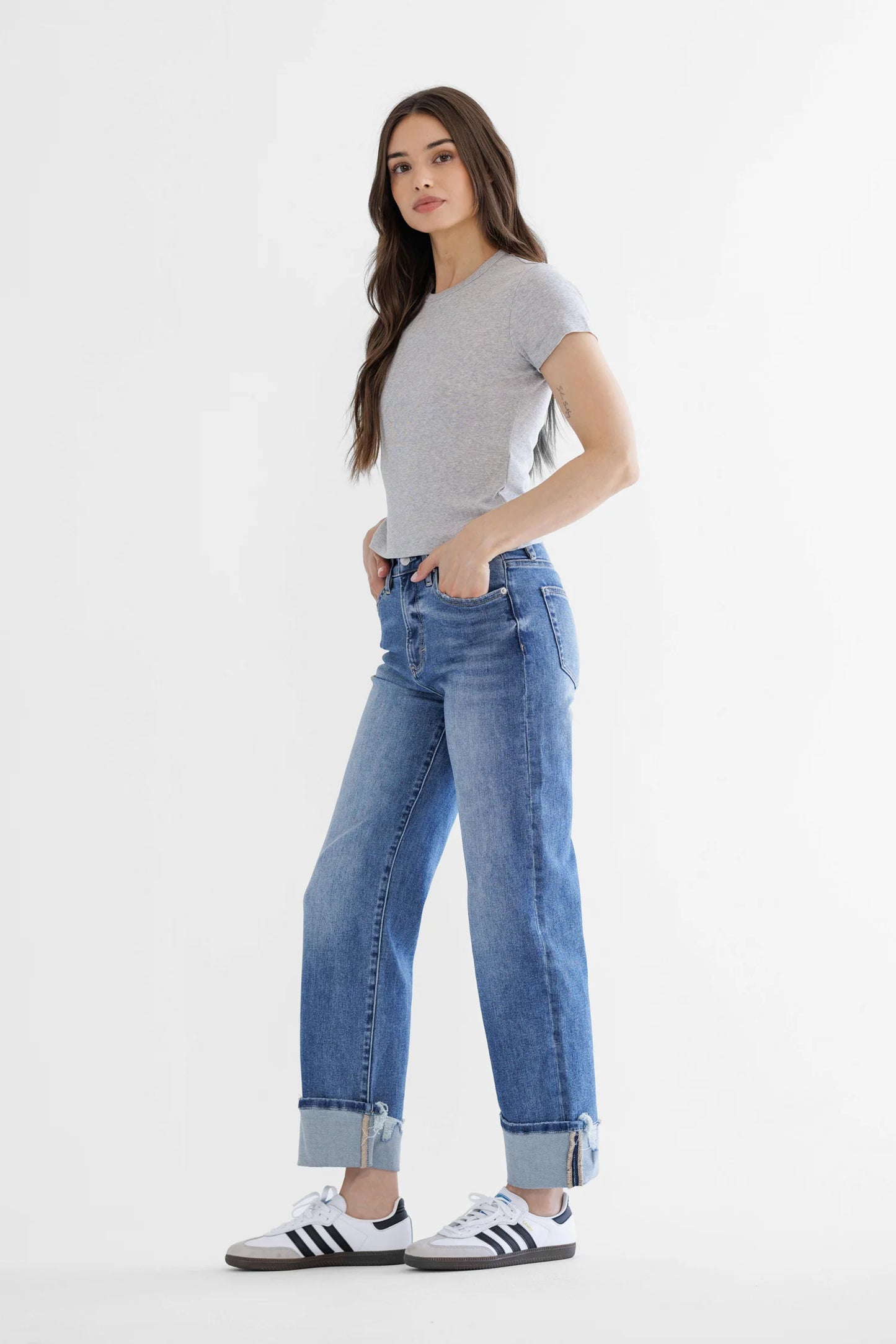 Drew Super High Rise Relaxed Fit Straight Leg Cuffed Denim
