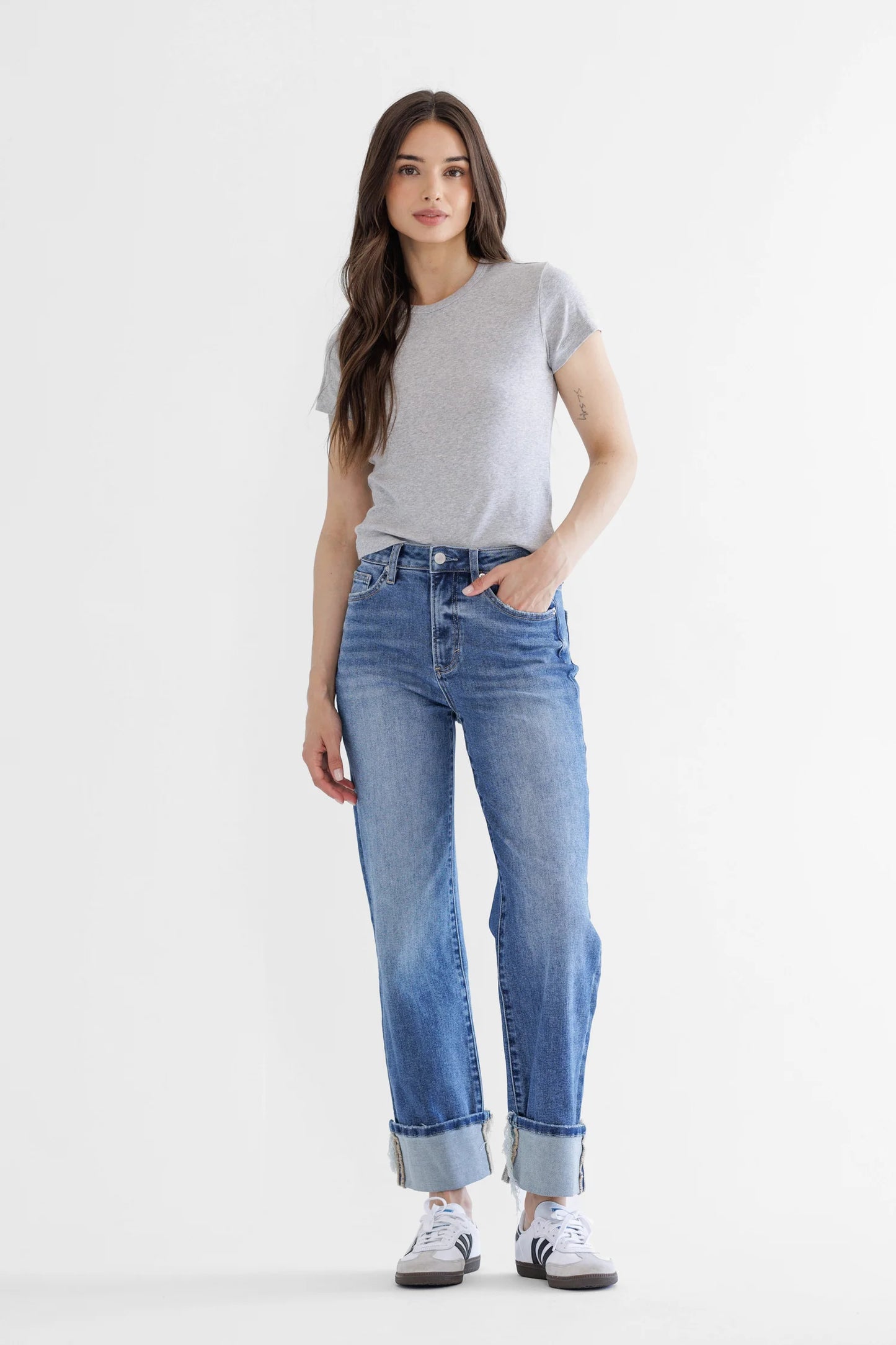 Drew Super High Rise Relaxed Fit Straight Leg Cuffed Denim