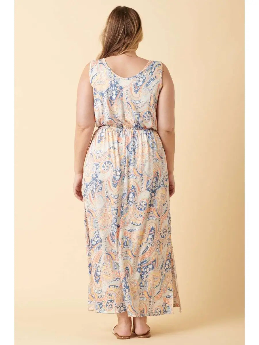 Lottie Paisley Print V Neck Maxi Dress- Plus