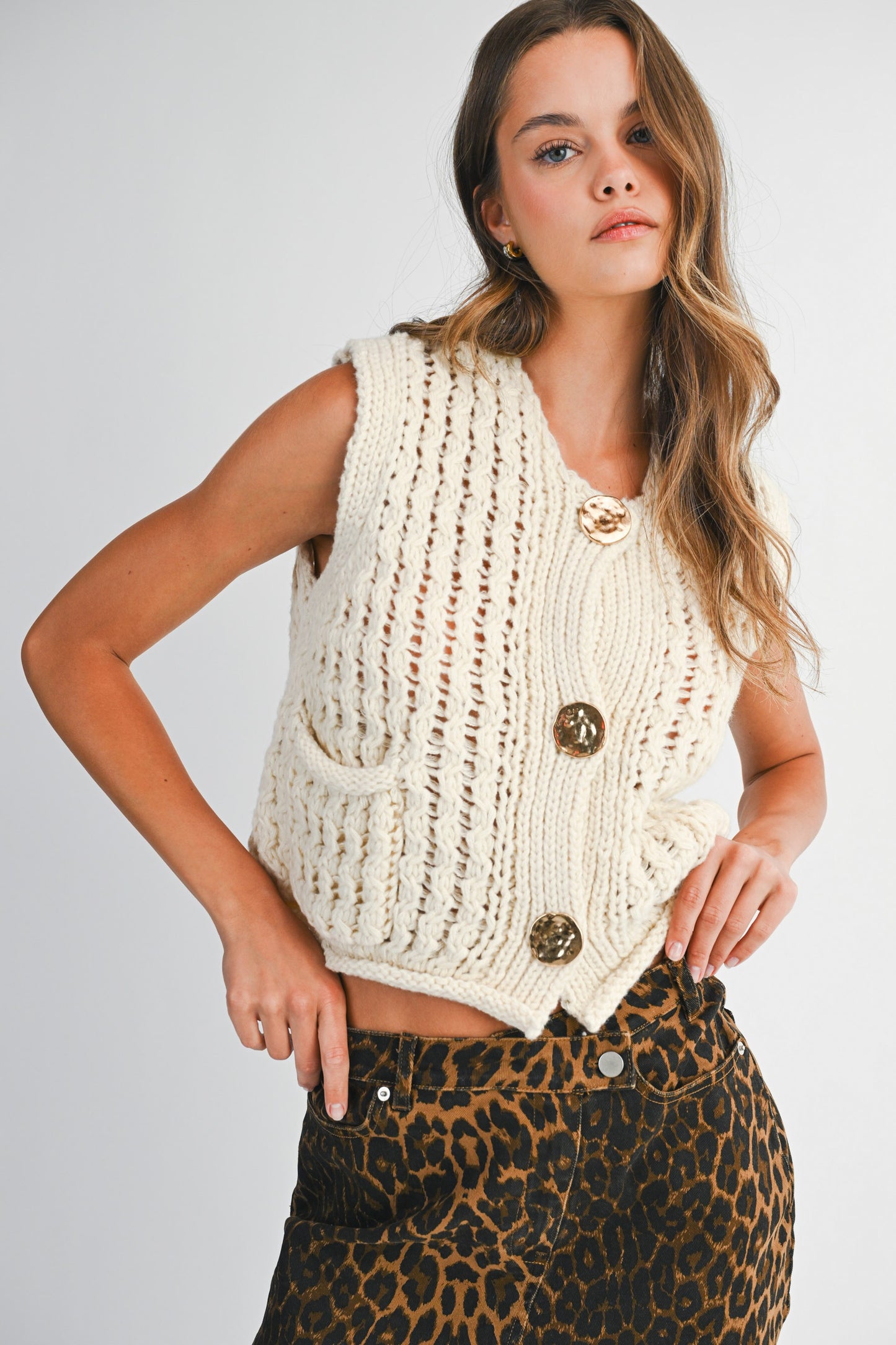Lydia Chunky Knit Gold Button Vest