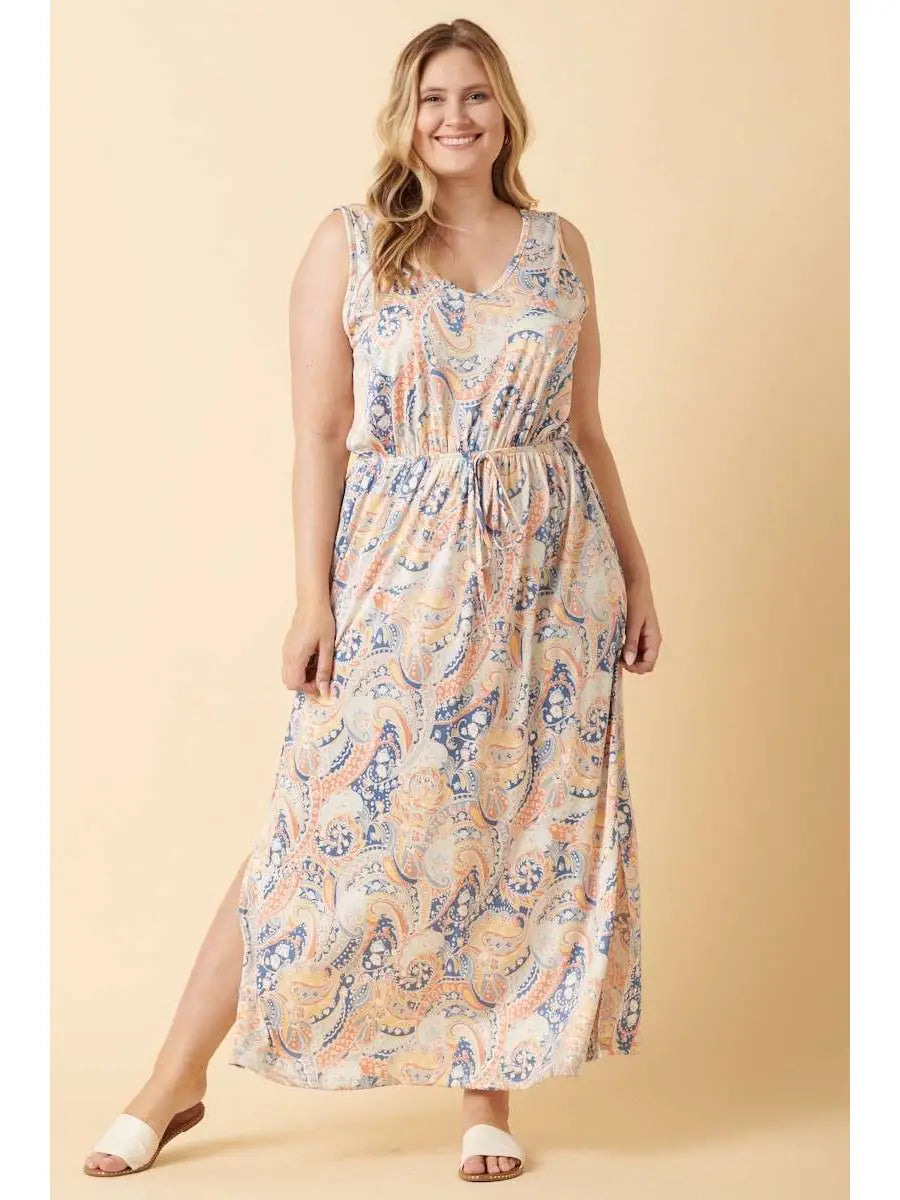 Lottie Paisley Print V Neck Maxi Dress- Plus