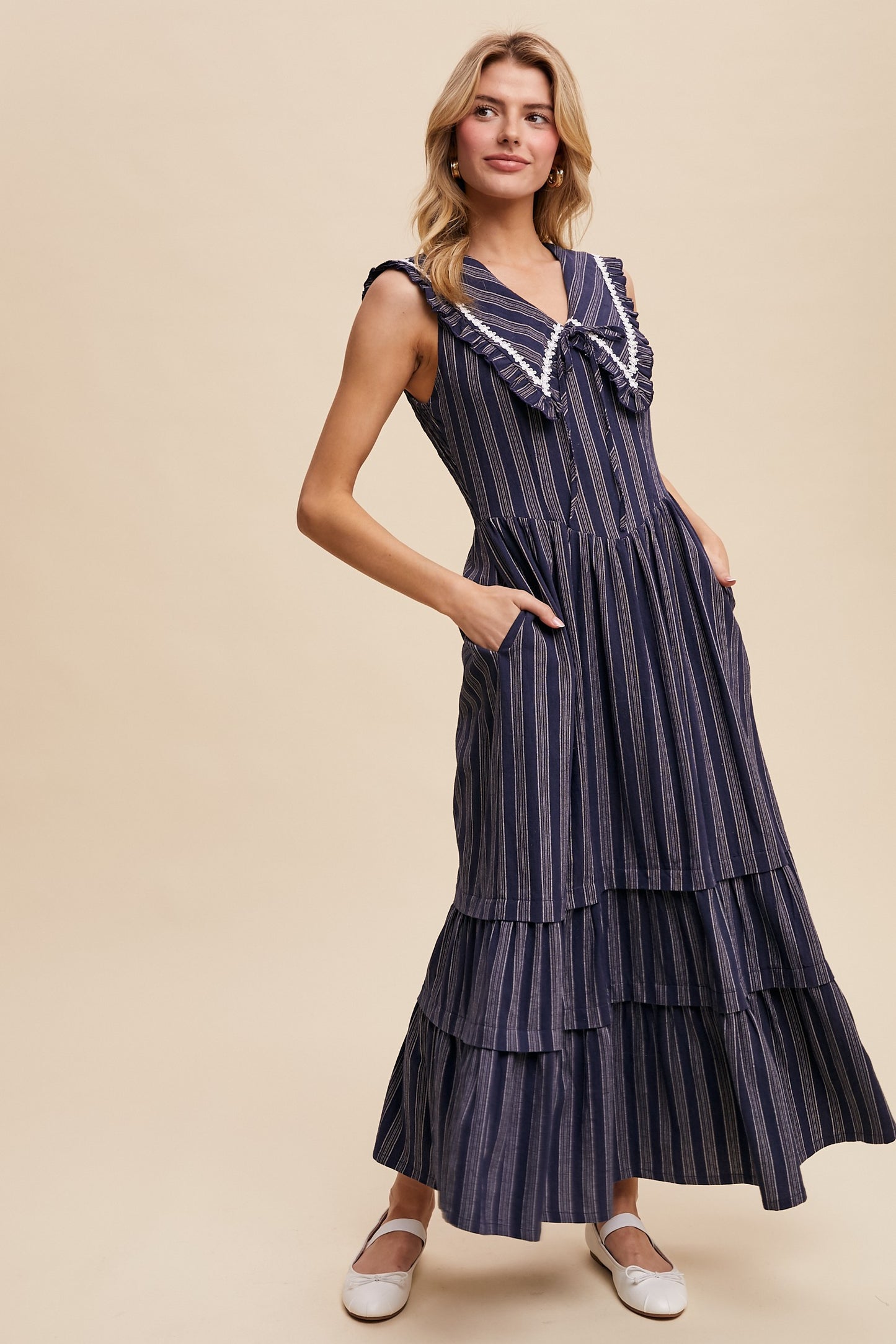 Gwendolyn Peter Pan Collar Striped Maxi Dress