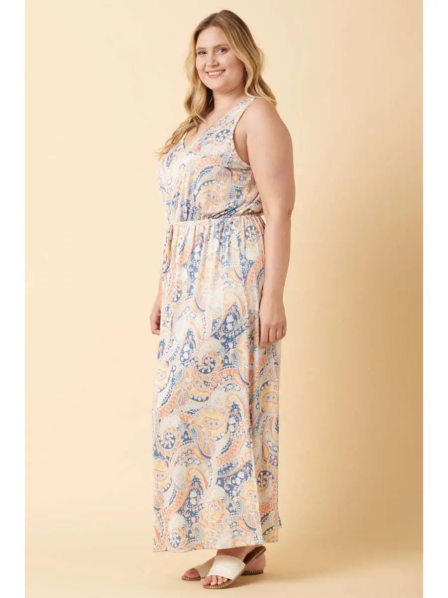 Lottie Paisley Print V Neck Maxi Dress- Plus