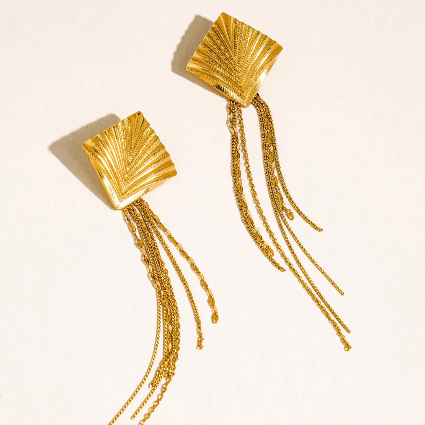18K Gold Non-Tarnish Geometric Tassel Drop Earrings