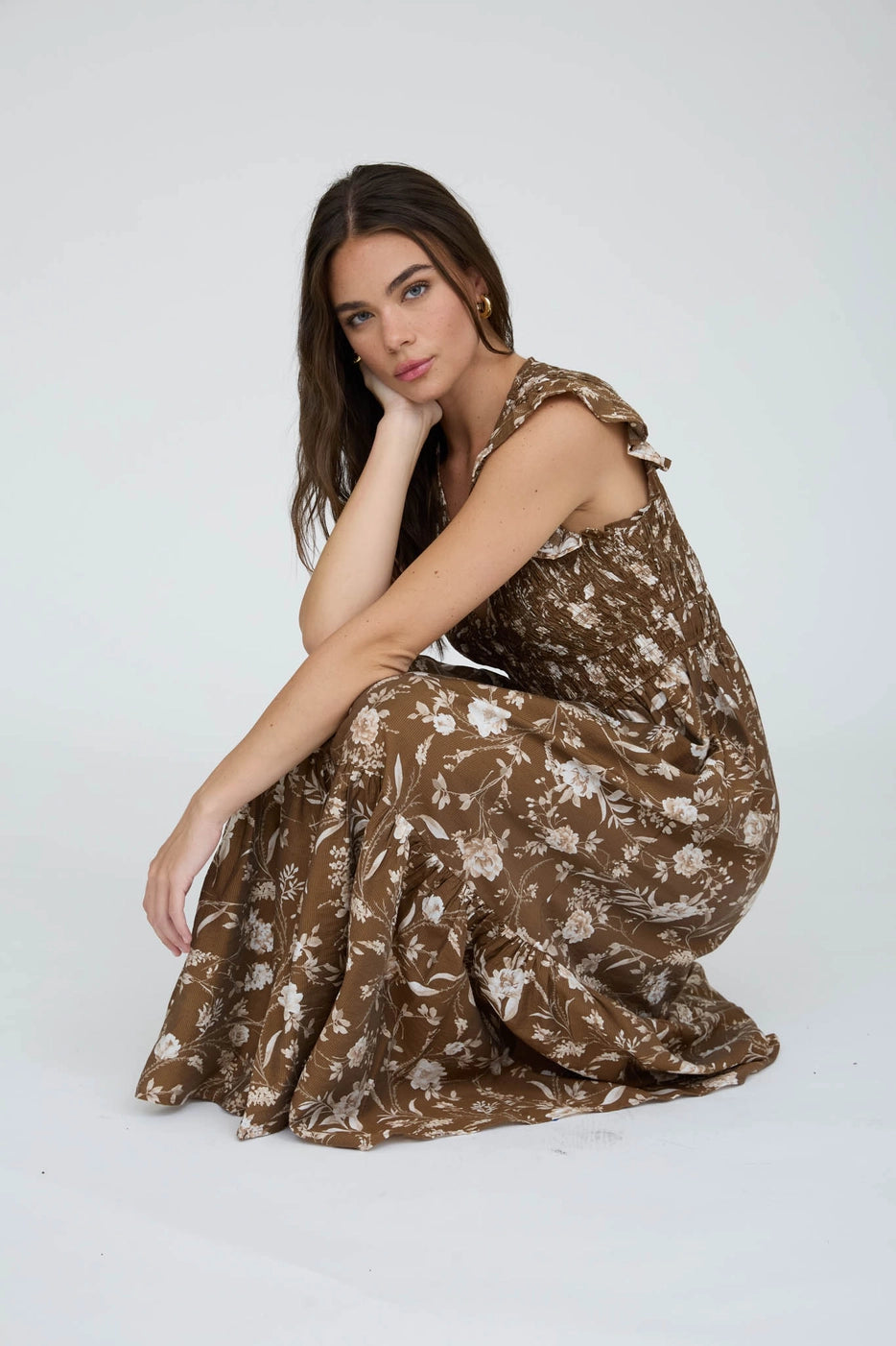 Luann Floral Smocked V Neck Midi Dress