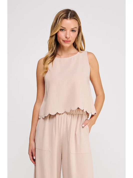 Raven Soft Linen Blend Scallop Edge Tank