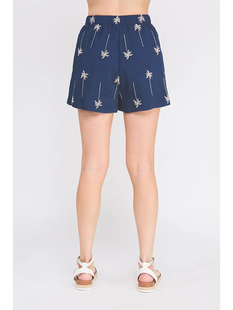 Fanny Draped Embroidered Palm Tree Shorts