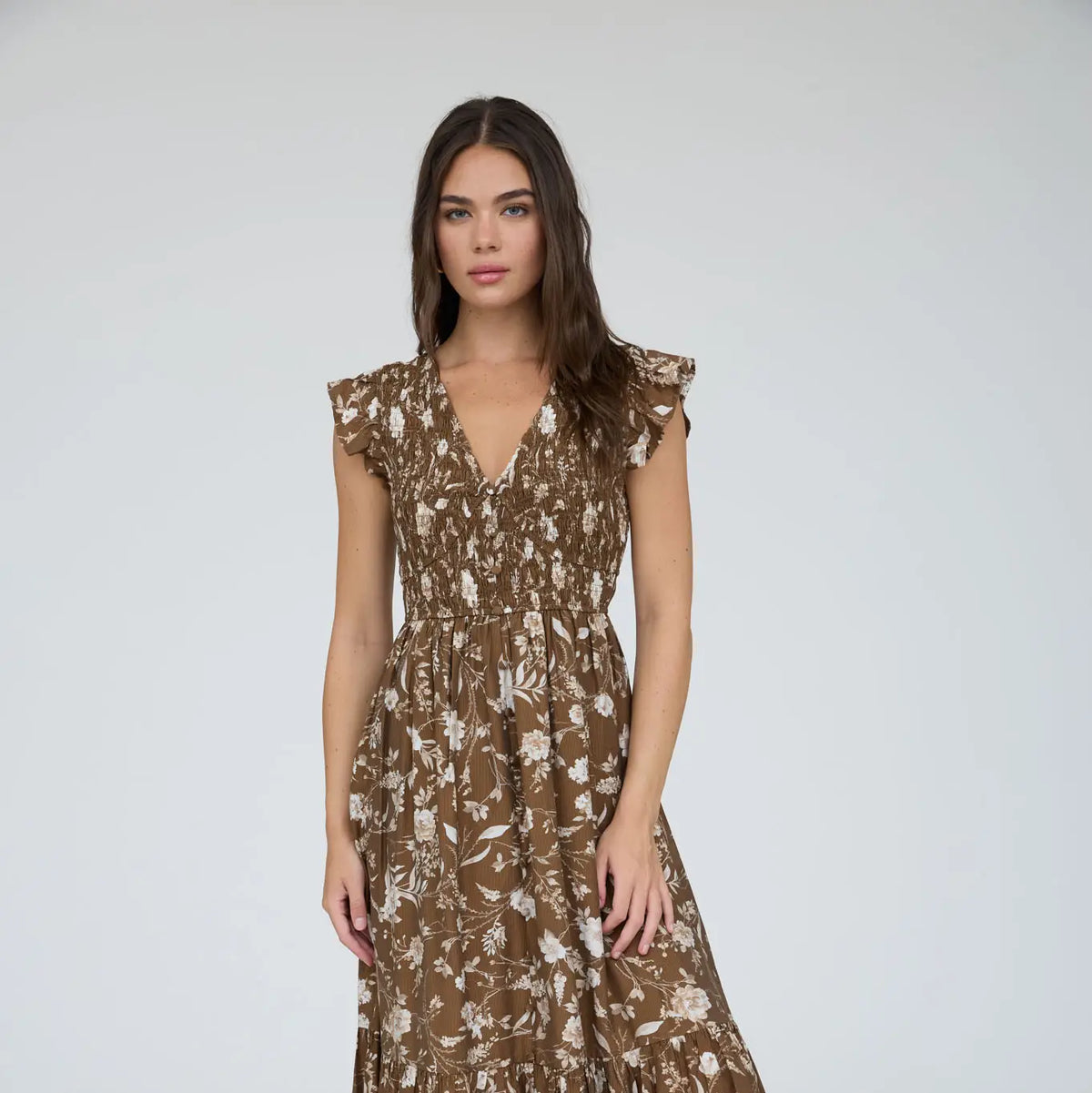 Luann Floral Smocked V Neck Midi Dress