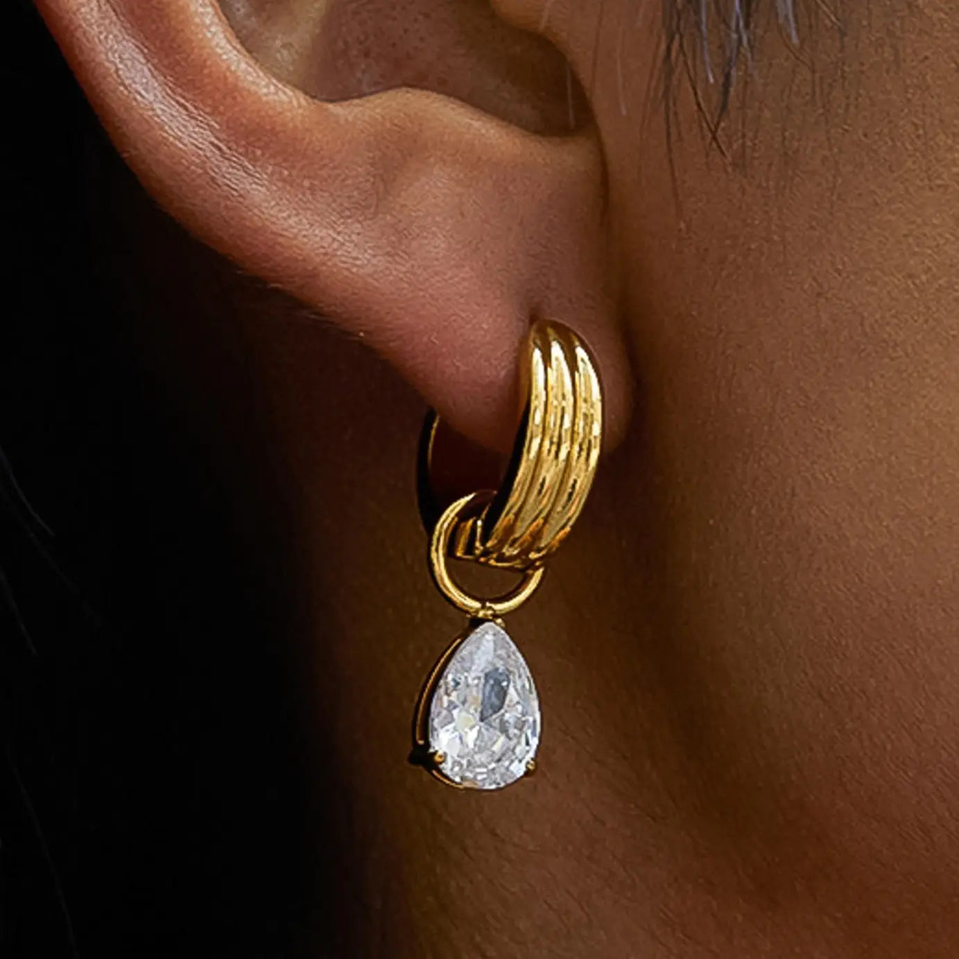 18K Gold Non-Tarnish Teardrop Cz Mismatch Earrings