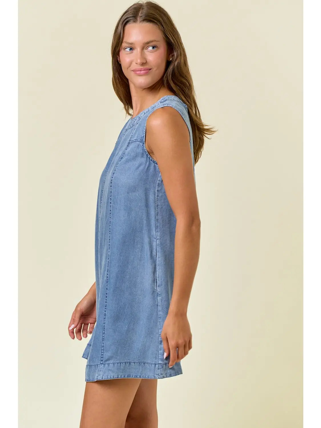 Erin Chambray Round Neckline Sleeveless A-Line Mini Dress