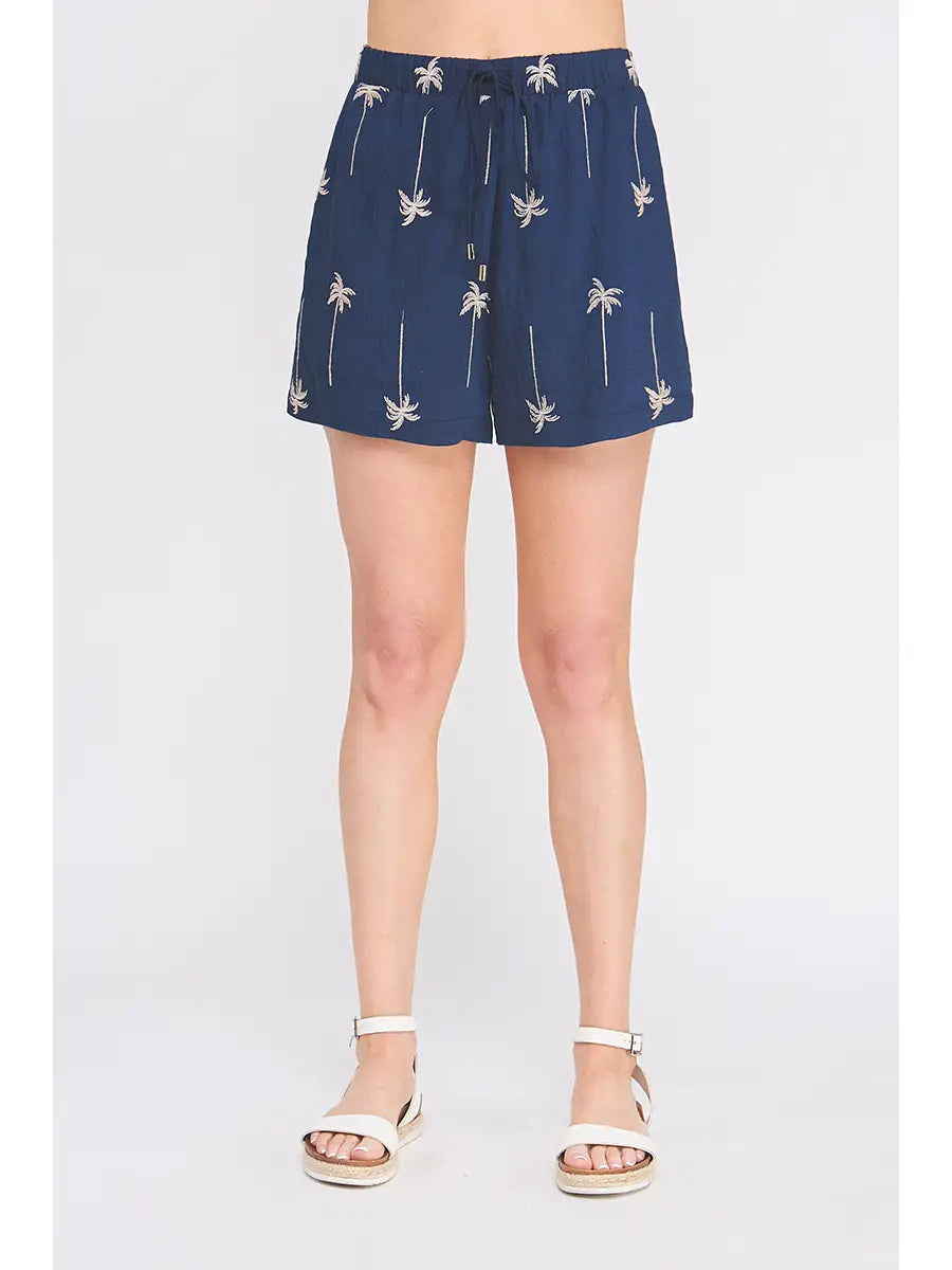 Fanny Draped Embroidered Palm Tree Shorts