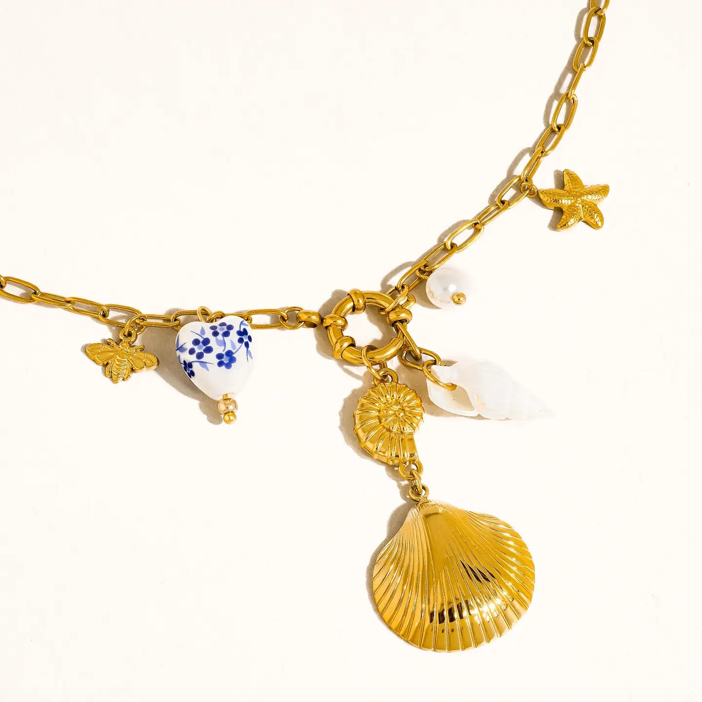 18K Gold Non-Tarnish Shell Ceramic Charm Necklace