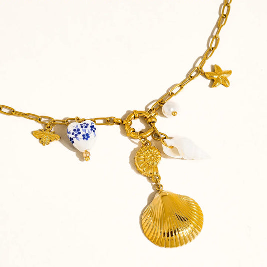 18K Gold Non-Tarnish Shell Ceramic Charm Necklace