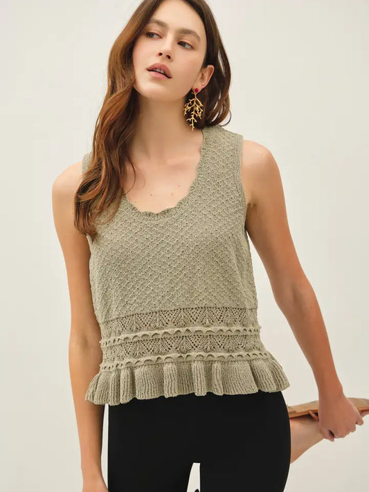 Brittany Ruffled Crochet Textured Knit Top