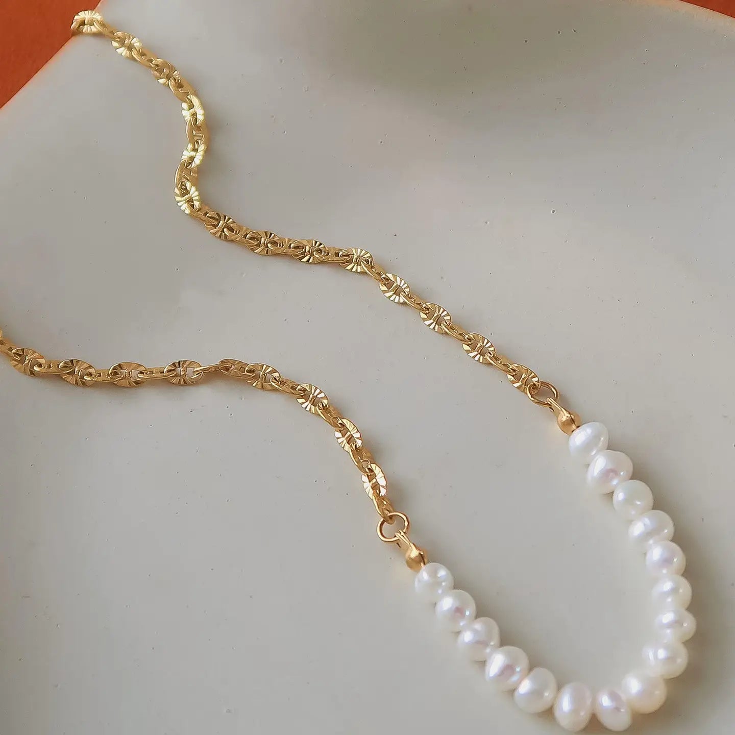 18K Gold Non-Tarnish Freshwater Pearl Chain Necklace