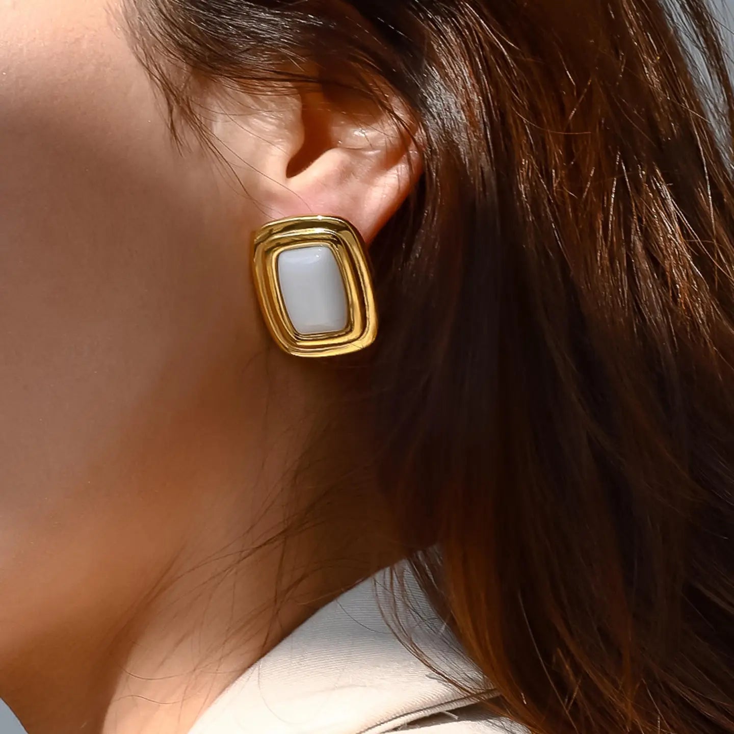 18K Gold Non-Tarnish Classic Square Stone Earring